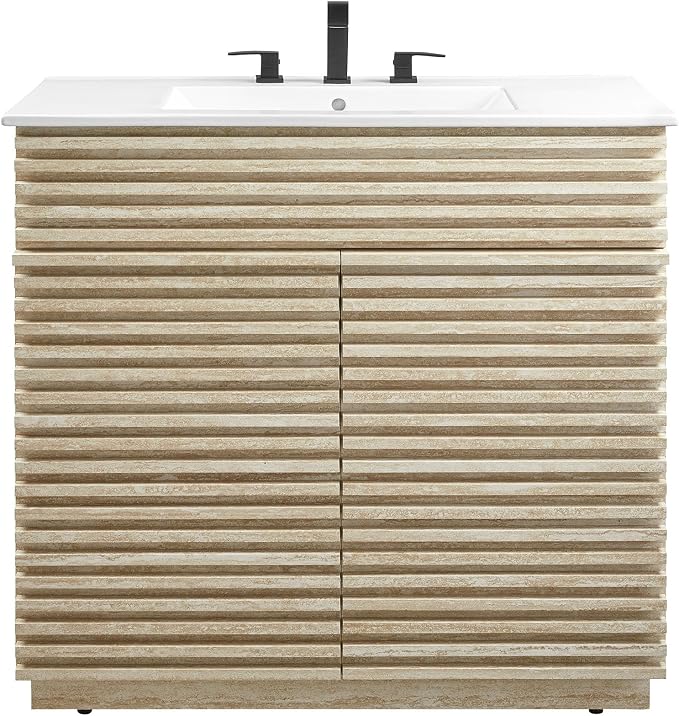 Modway Render Faux Travertine Slatted 36 Inch Bathroom Vanity in White with Sink Combo - Mid-Century Modern Single Sink Bathroom Vanity - Vanity Cabinet with Soft-Close Doors