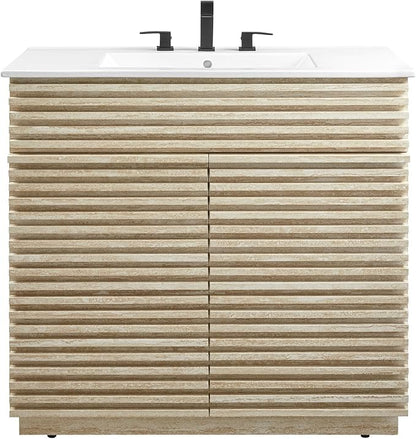 Modway Render Faux Travertine Slatted 36 Inch Bathroom Vanity in White with Sink Combo - Mid-Century Modern Single Sink Bathroom Vanity - Vanity Cabinet with Soft-Close Doors