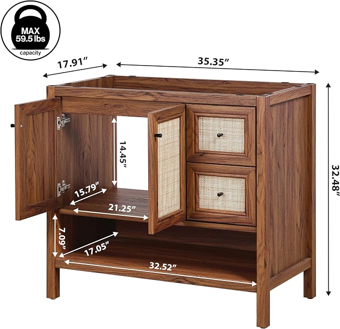 JONATHAN Y Jasper 36" Rattan Freestanding Vanity Cabinet Only, Walnut | 18" Depth 33" Height, 2-Shelf Storage, Soft-Close Door, Matte Black Hardware, Modern Minimalist Bathroom, MDF Wood Grain
