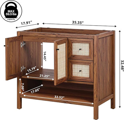 JONATHAN Y Jasper 36" Rattan Freestanding Vanity Cabinet Only, Walnut | 18" Depth 33" Height, 2-Shelf Storage, Soft-Close Door, Matte Black Hardware, Modern Minimalist Bathroom, MDF Wood Grain