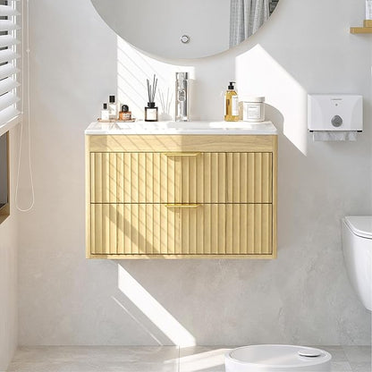 24 Inch Floating Bathroom Vanity Without Sink, Bathroom Wall Cabinet with 2 Fluted Drawers & Metal Handle, Wall Mounted Cabinet for Bathrooms (Natual Yellow, 24 inch, Without Sink)
