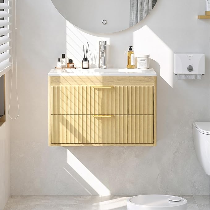 24 Inch Floating Bathroom Vanity with Sink, Bathroom Wall Cabinet with 2 Fluted Drawers & Metal Handle, Wall Mounted Cabinet for Bathrooms (Natual Yellow, 24 inch, with Sink)