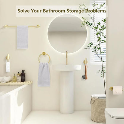 5-Piece Bathroom Hardware Set, Gold SUS304 Stainless Steel Bathroom Accessories Kit, Includes 24" Towel Bar, Toilet Paper Holder, Towel Ring & 2 Robe Hooks, Wall Mounted, Rustproof Modern Design