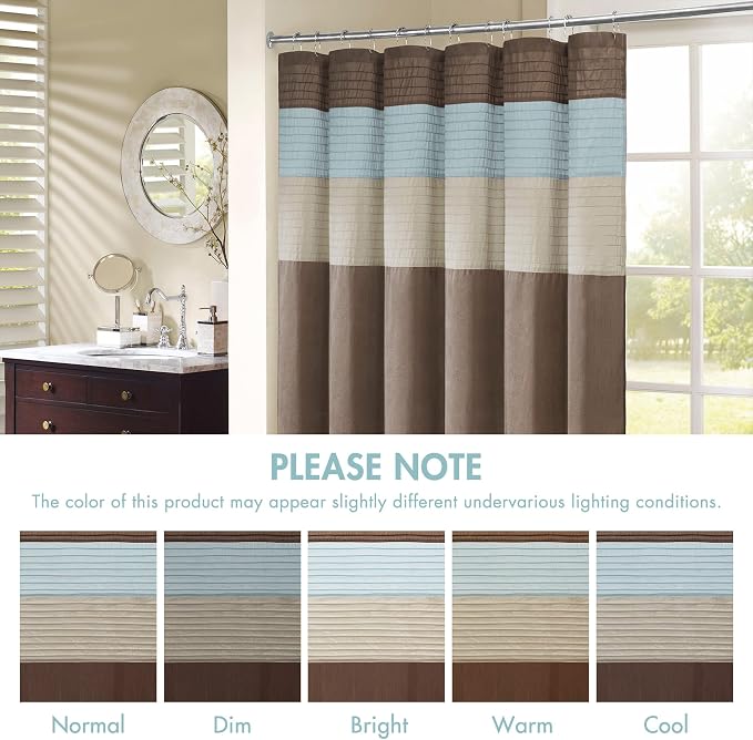 Madison Park Amherst Bathroom Shower Curtain Faux Silk Pieced Striped Modern Microfiber Bath Curtains, 72x72" Inches, Blue | Modern Classic, Light Sheen, Pieced, Striped, Microfiber, Machine Washable, OEKO-TEX Certified, Amherst