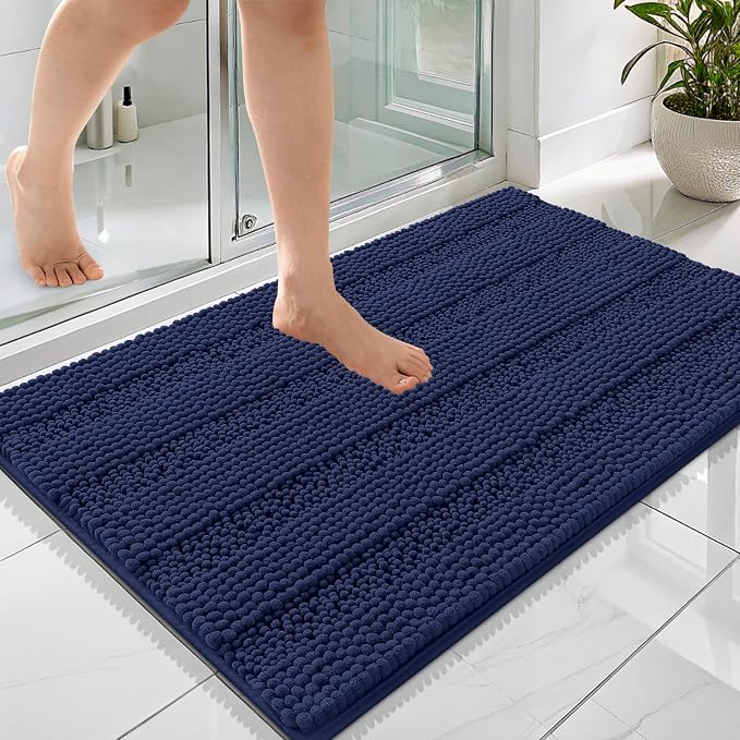 OLANLY Thick Bathroom Rugs 36x24, Chenille Bath Rugs, Twilight Sapphire | Rubber Backing, Machine Wash, Extra Absorbent Striped Bath Mats for Bathroom Floor, Tub and Shower, Home Decor Accessories