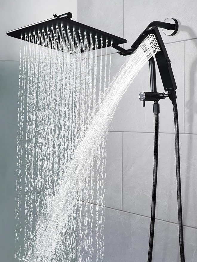 G-Promise 12 Inch All Metal Rain Shower Head with Handheld (Matte Black) | Full Body Coverage, Pause Mode Diverter, Power Wash Mode Handheld, Suits Every Height, Easy to Install, Modern Bath Upgrade
