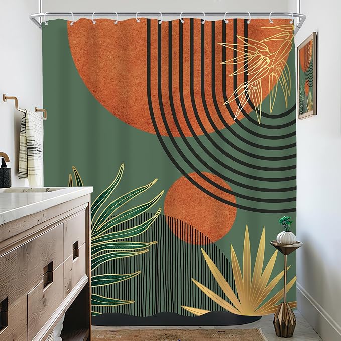 Mid Century Green Orange Boho Abstract Modern Bathroom Shower Curtain Set | 60Wx72L Sun Arch design, waterproof HD print with fast-drying fabric and 12 hooks.