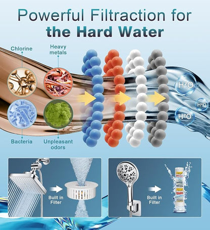 Dual Filtered Rain Shower Head Combo,10 Modes Handheld with 6 inch Rainfall | High Pressure Handheld Shower Head Built in Water Filtration, Filter for Hard Water