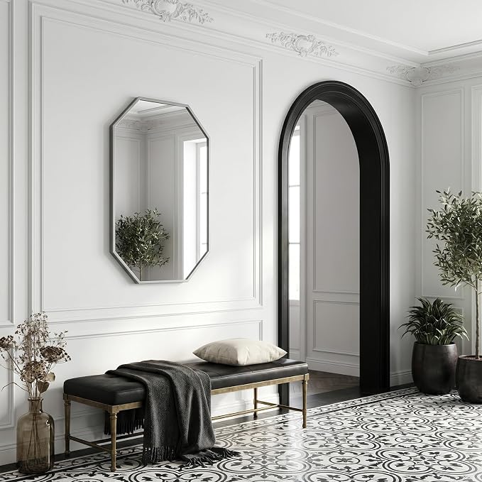 20x28 Inch Octagon Mirror for Bathroom Silver Wall Mirror Rectangle Mirror | Silver Bathroom Mirror Metal Frame Wall Mirror Decorative Rustic Accent Vanity Mirror Hanging for Over Sink Entryway