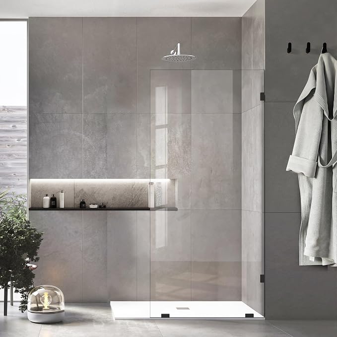 Shower Panel, 24"×78" Shower Glass Screen for Open Walk-in Bathroom, 5/16" (8mm) Clear Tempered Glass, Fixed Hinged Framless Shower Door，Matte Black