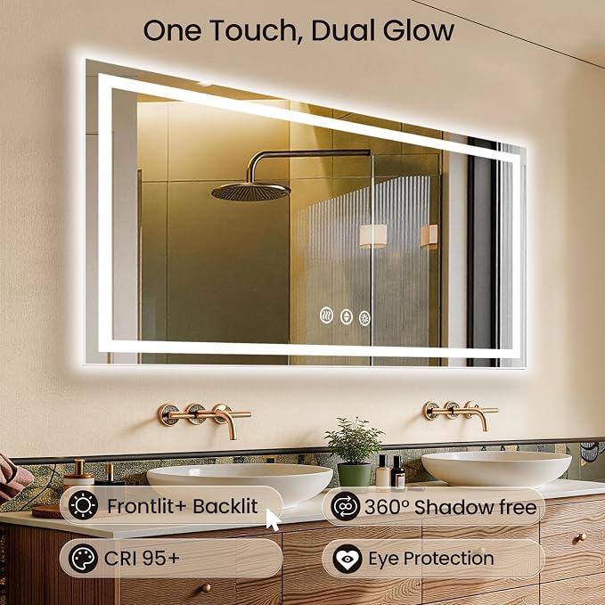 60x40 LED Bathroom Mirror with Anti-Fog, Backlit & Front Lit, Memory | Stepless Dimmable 3 Color CRI 95+ Shatterproof Tempered Glass ETL Listed for Safety Lighted Bathroom Vanity Mirror for Wall