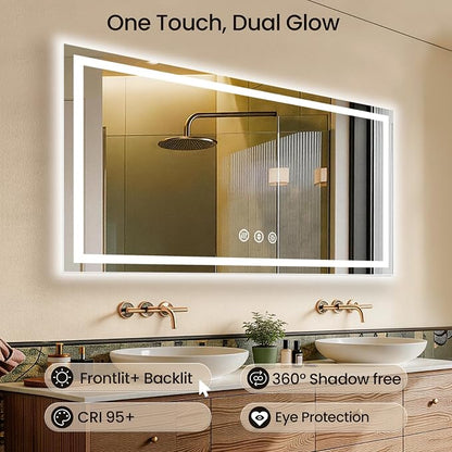 60x40 LED Bathroom Mirror with Anti-Fog, Backlit & Front Lit, Memory | Stepless Dimmable 3 Color CRI 95+ Shatterproof Tempered Glass ETL Listed for Safety Lighted Bathroom Vanity Mirror for Wall