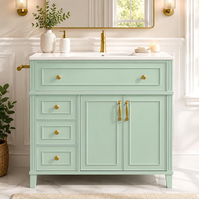 Bellemave 36" Bathroom Vanity with Sink, Bathroom vanities, Green Bathroom Vanity with Drawers, Sink Cabinet, Sage Green, 36Inch
