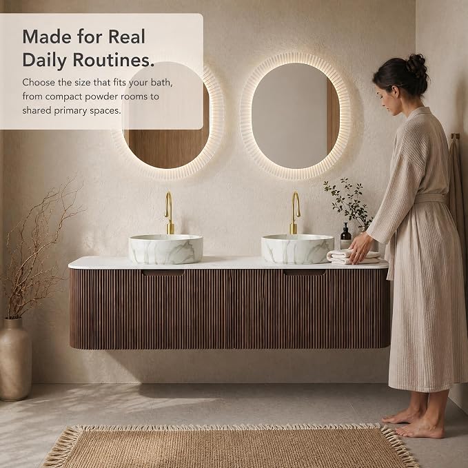 60 Inch Double Sink Bathroom Vanity, Floating Wall Mounted Cabinet, Dark Walnut Curved Fluted Front, Stone Top, Dual Marble-Look Round Vessel Basins, Pre-Assembled
