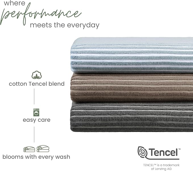 Martex Restore Sculpted Stripe Bath Towel – Soft, Absorbent, Moisture-Wicking and Quick to Dry – Lightweight for Everyday Use – Comfortable Feel with Convenient Loop for Hanging – 30" x 56" – Tan