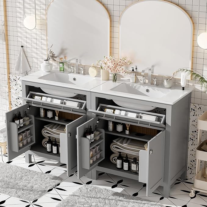 60" Grey Bathroom Vanity with Double Sink, 60 Inch Bathroom Vanity Set with Double Vanities (Separate), 2 Bathroom Vanities with Sink, Adjustable Shelf, Soft Close Doors and Flip Drawer