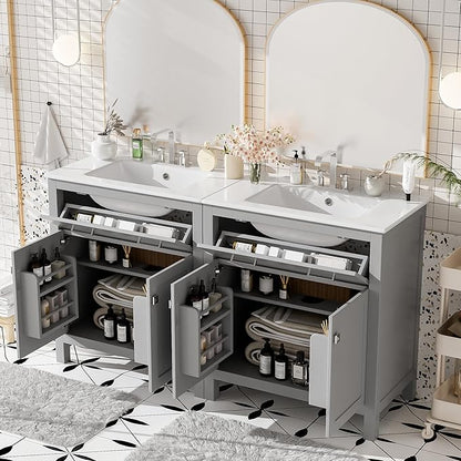 60" Grey Bathroom Vanity with Double Sink, 60 Inch Bathroom Vanity Set with Double Vanities (Separate), 2 Bathroom Vanities with Sink, Adjustable Shelf, Soft Close Doors and Flip Drawer