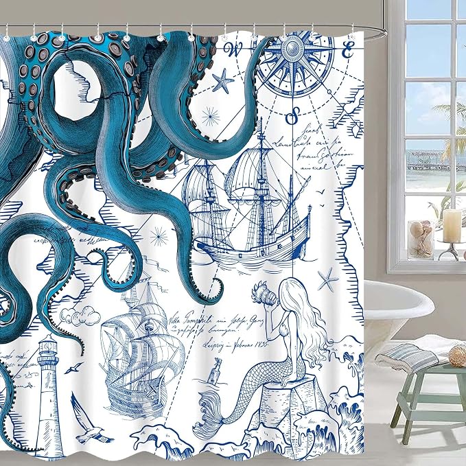 Fungarth Long Blue Nautical Octopus Shower Curtain Navy Mermaid Funny Ocean Kraken Shower Curtains for Bathroom Cool Anchor Coastal Map Waterproof Fabric Bath Curtain with Hooks (Blue, 72” x 78”)