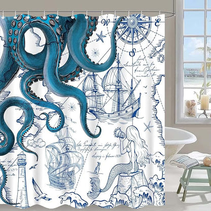 Fungarth Long Blue Nautical Octopus Shower Curtain Navy Mermaid Funny Ocean Kraken Shower Curtains for Bathroom Cool Anchor Coastal Map Waterproof Fabric Bath Curtain with Hooks (Blue, 72” x 78”)