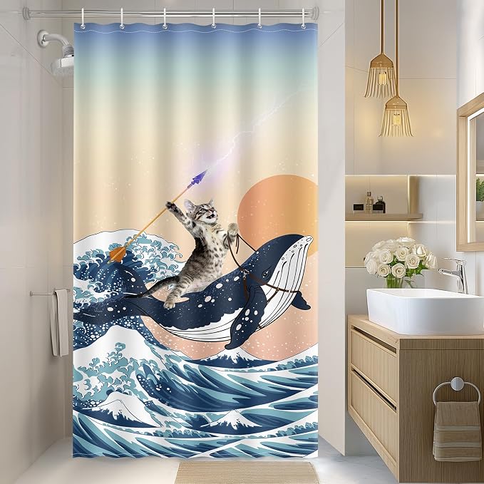 Aimego Stall Small Shower Curtain - Funny Cute Cat Riding Whale Holding Trident in Ocean Wave, Shark Cat Narrow Half Fabric Cloth Fun Shower Curtain Set for Bathroom Decor Bath Curtain, 36"x72"
