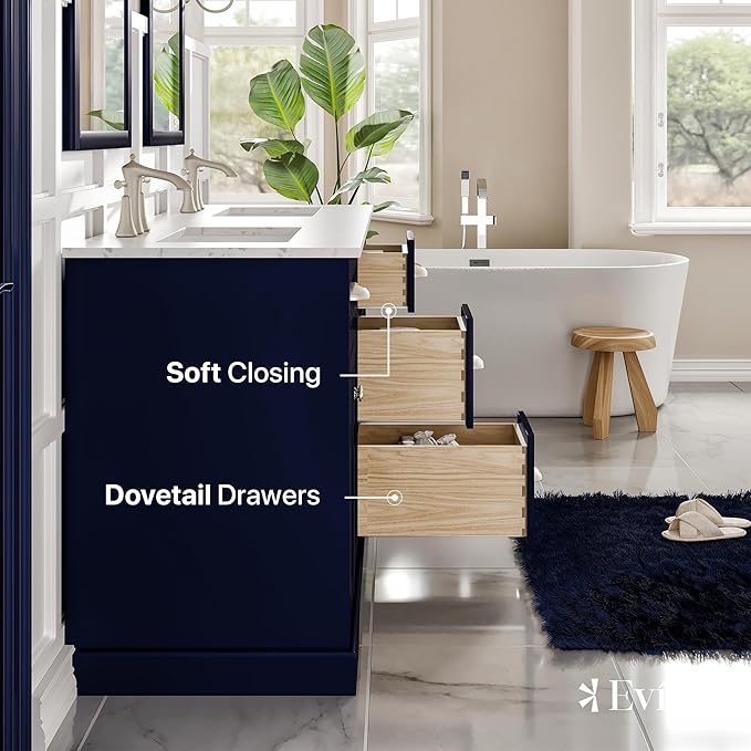 Eviva Epic Blue 60 inch Bathroom Vanity with Sink - Porcelain Round-Bathroom Vanity Double Sink-Solid Wood 60" Vanity Bathroom Sink- Double Vanity Sink Cabinet