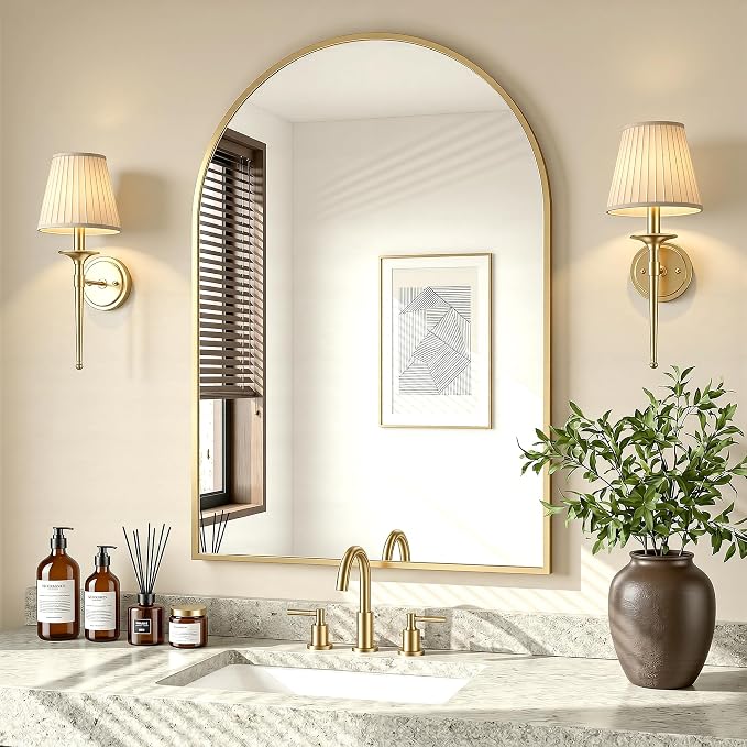 Antok Arched Bathroom Mirror, 20"x30" Wall Mounted Mirror, Vanity Mirrors for Over Sink, Aluminum Alloy Frame Bathroom Mirrors Living Room, Bedroom and Entryway, Gold