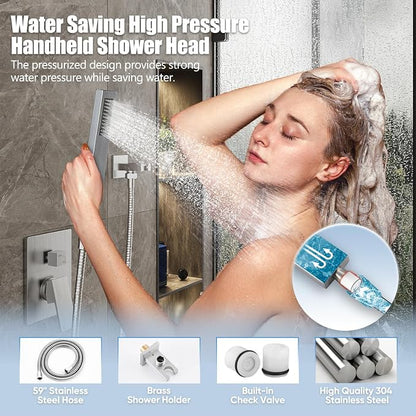 Gabrylly Rain Shower Head with Handheld Spray Combo, 10", Brushed Nickel | All Metal Shower System, High Pressure Rainfall Shower Faucet Set, Solid Brass Shower Valve Complete Shower Set for Bathroom
