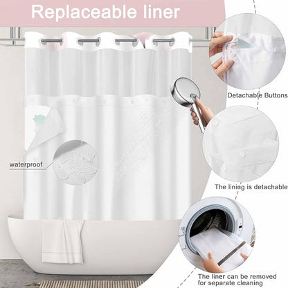 No Hook Shower Curtain and Liner Set, Light Pink Boho Floral 71x74 | Watercolor Boho Flower, with Snap in Liner, Mesh Top Window, Waterproof, Machine Washable, Quick-Drying, for Hotel Bathroom