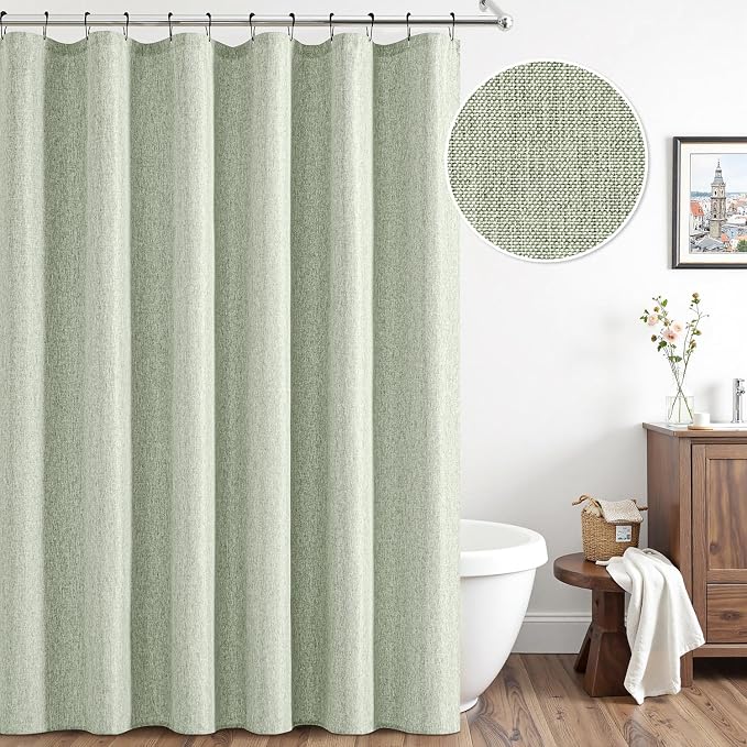 ANRODUO Sage Green Linen Textured Fabric Shower Curtain Set - W72xL72 | Farmhouse Shower Curtain with 12 Metal Hooks, Waterproof Heavy Duty, Button Hole Design, Machine Washable for Bathroom