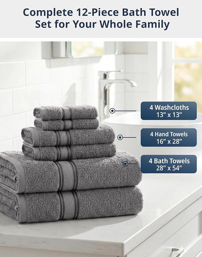 LANE LINEN Bath Towel Set 100% Cotton 12 Piece Soft Absorbent - Grey | Shower Towels - Generously Sized, Oversized & Roomy, Lightweight & Breathable, Fade-Resistant Color, Classic Terry Weave