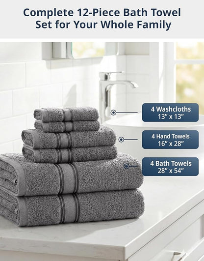 LANE LINEN Bath Towel Set 100% Cotton 12 Piece Soft Absorbent - Grey | Shower Towels - Generously Sized, Oversized & Roomy, Lightweight & Breathable, Fade-Resistant Color, Classic Terry Weave