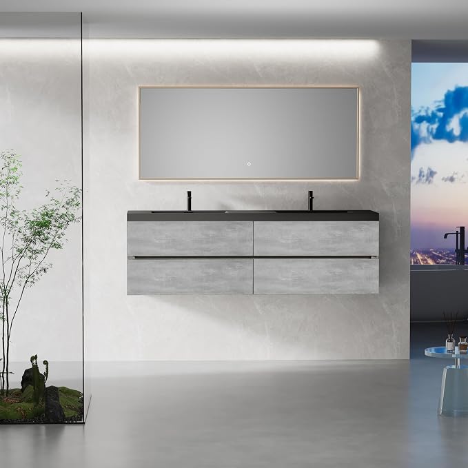 72" Floating Bathroom Vanity with Double Sink, Modern Wall-Mounted Bathroom Storage Vanity Cabinet with Two Black Quartz Sand Top Basins and Four Soft Close Drawers, Cement Grey