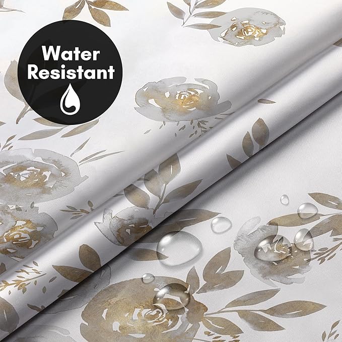 Americanflat 72x75 Hookless Shower Curtain - Water-Resistant Floral Shower Curtain with Sheer Panel, Snap-In Liner, and Grommets - 100% Polyester - Botanical Bathroom Curtains - Silver, White and Gold