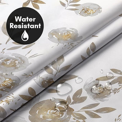 Americanflat 72x75 Hookless Shower Curtain - Water-Resistant Floral Shower Curtain with Sheer Panel, Snap-In Liner, and Grommets - 100% Polyester - Botanical Bathroom Curtains - Silver, White and Gold