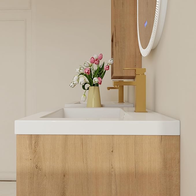 60" Bathroom Vanity Set, 60 Inch Modern Freestanding Vanity with 6 Drawers and 1 Wall-Mounted Side Cabinet, Double Resin Sinks Floor Stand Cabinet Set Imitative Oak