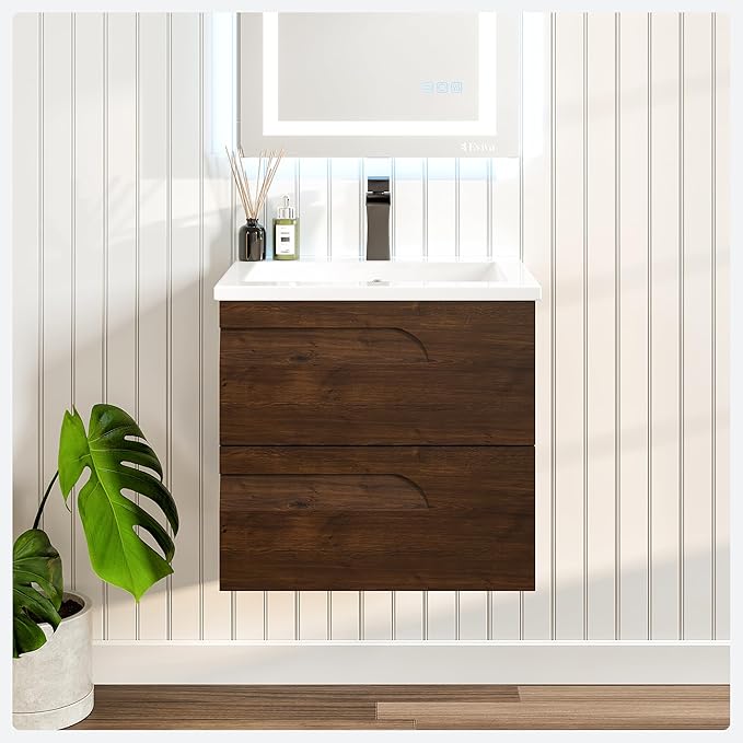 Eviva Joy 24 in. Rosewood Wall MountSingle Sink Bath Vanity with Porcelain Top and Integrated Sink