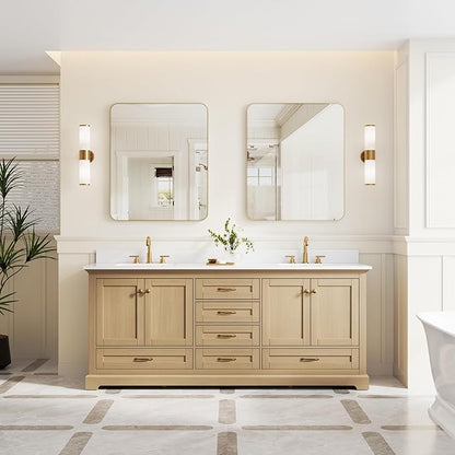 WELLFOR 80" Bathroom Vanity with Double Sinks, Bathroom Freestanding Vanity W/4 Soft-Close Doors and 6 Drawers, Large Storage Space Vanity, Cultured Marble Countertop (Oak)