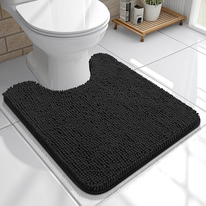 OLANLY Toilet Rugs U-Shaped 20x20, Soft Absorbent Chenille Contour Rugs | Black, Quick-Drying Rubber Backing, Machine Washable Non-Slip Shaggy Bathroom Mat for Toilet, Home Decor Accessories