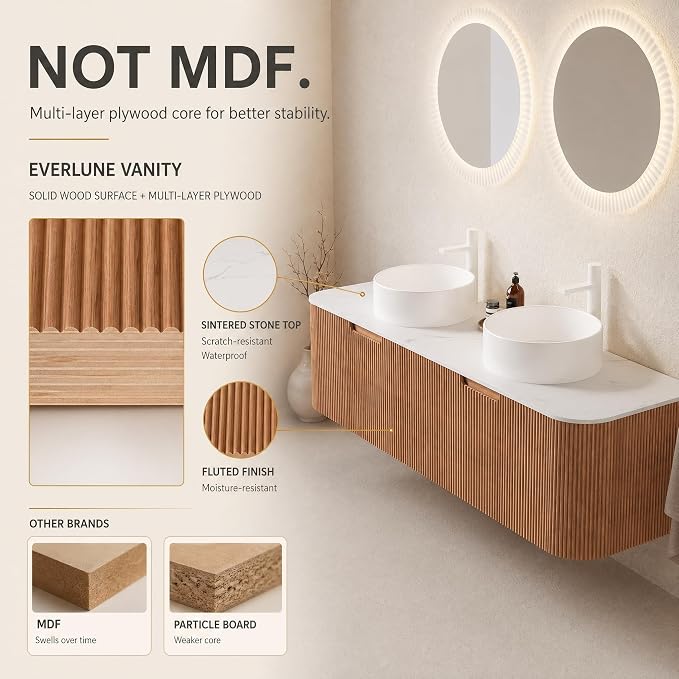 60 Inch Double Sink Bathroom Vanity, Floating Wall Mounted Cabinet, Natural Woodgrain Curved Fluted Front, Stone Top, Dual Pure White Round Vessel Basins, Pre-Assembled