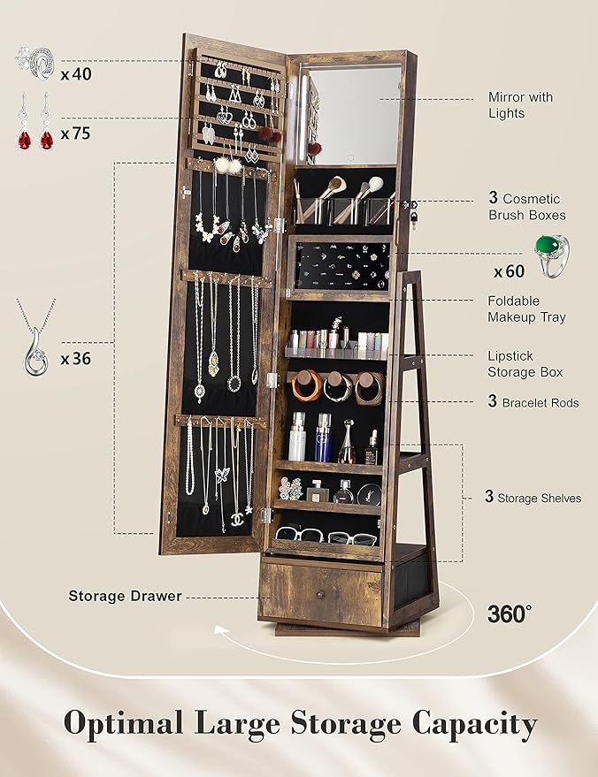 Nicetree 360° Swivel Jewelry Cabinet with Lights, Full Length Mirror | Standing Led Mirror Jewelry Cabinet, Lockable Mirror with Storage, Interior Mirror, Shelves, Flip-over Shelf, Rustic Brown