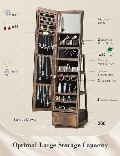 Nicetree 360° Swivel Jewelry Cabinet with Lights, Full Length Mirror | Standing Led Mirror Jewelry Cabinet, Lockable Mirror with Storage, Interior Mirror, Shelves, Flip-over Shelf, Rustic Brown
