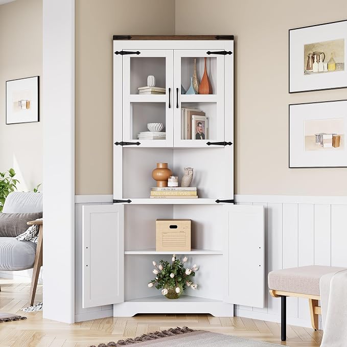 GAOMON Farmhouse Corner Cabinet, Tall Corner Storage with Glass Door & Adjustable Shelves, Bathroom Cabinet with Storage for Living Room, Kitchen, Bathroom, White