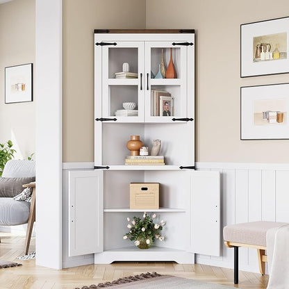 GAOMON Farmhouse Corner Cabinet, Tall Corner Storage with Glass Door & Adjustable Shelves, Bathroom Cabinet with Storage for Living Room, Kitchen, Bathroom, White