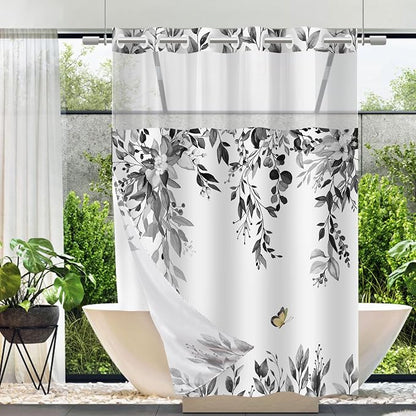 No Hook Shower Curtain and Liner Set, Grey Eucalyptus 54x80 | Floral Design, with Snap in Liner, See-Through Top Window, Waterproof, Machine Washable, Quick-Drying, for Hotel Bathroom