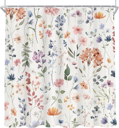 Boho Flower Colorful Wildflower Floral Women Bathroom Shower Curtain Set | 72"W x 72"H Girls Girly; waterproof HD print, quick-dry fabric and plastic hooks for easy setup.