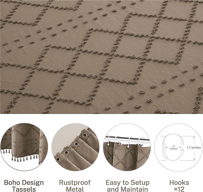 Boho Farmhouse Shower Curtain Woven Fabric Khaki Shower Curtain, 72 x 78 Tufted Chevron Textured Striped Modern Farmhouse Minimalist Shower Curtains for Bathroom