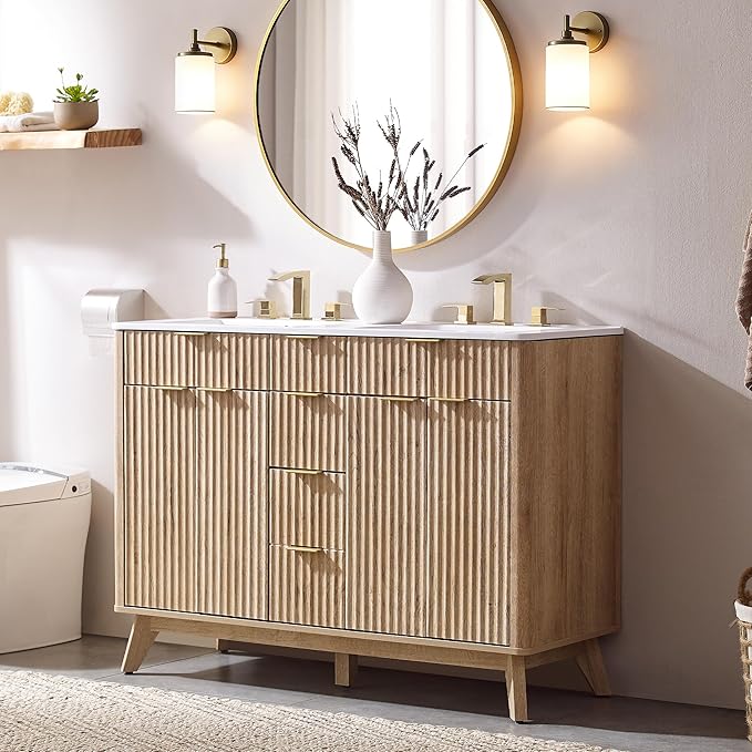 T4TREAM 48" Fluted Bathroom Vanity with Resin Sink Combo，Freestanding Modern Bathroom Storage Vanity Cabinet with Soft Closing Doors & 2 Drawers，Wood Grain Texture，Metal Handle，Natural Oak