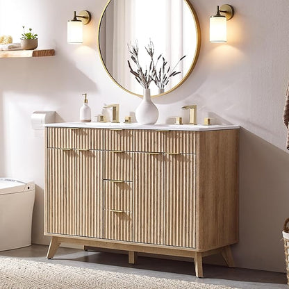 T4TREAM 48" Fluted Bathroom Vanity with Resin Sink Combo，Freestanding Modern Bathroom Storage Vanity Cabinet with Soft Closing Doors & 2 Drawers，Wood Grain Texture，Metal Handle，Natural Oak