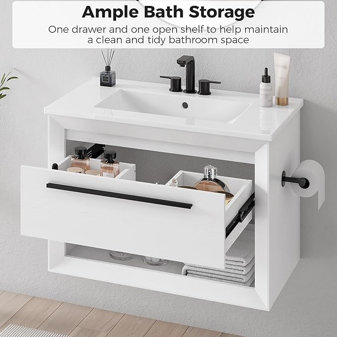 IRONCK 30" Bathroom Vanity with Sink, Wall Mounted Bathroom Vanity with 1 Drawer ＆ 1 Open Shelf, Modern Floating Bathroom Sink Cabinet with Undermount Ceramic Sink, Easy Assembly, White