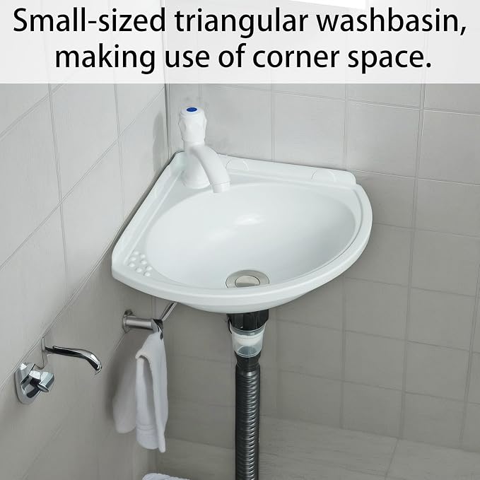 Small Bathroom Sink Wall Mount Bathroom Corner Sink, Triangular wash basin No-Drill Installation Self-Adhesive 12 x 12 Inch with 1.26 Inch Faucet Hole, Mini Rv sink Plastic Sink for Home, Dorm, Garage